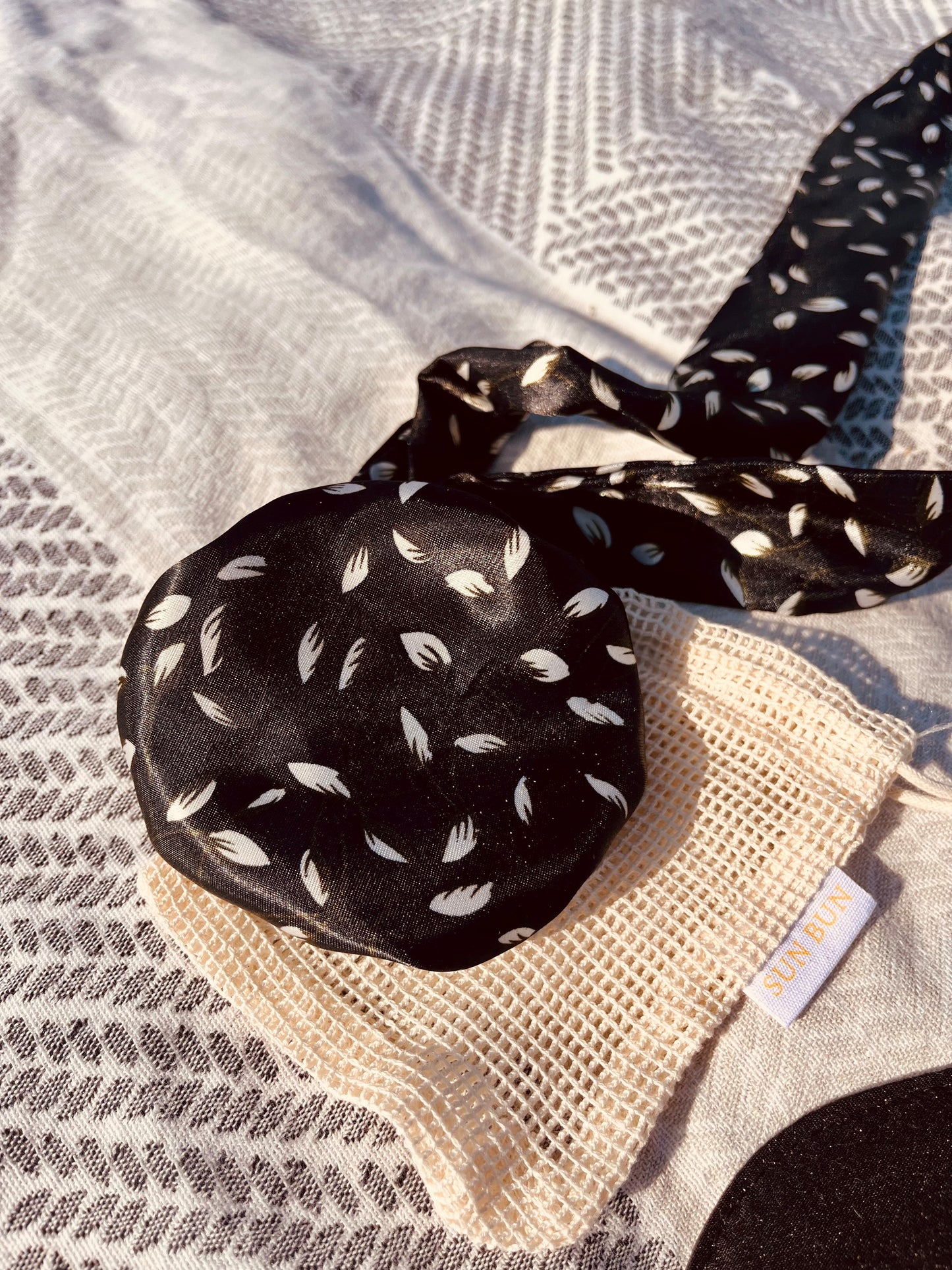 Sunbun – Satin Bun Cover (Black Leaf Pattern)